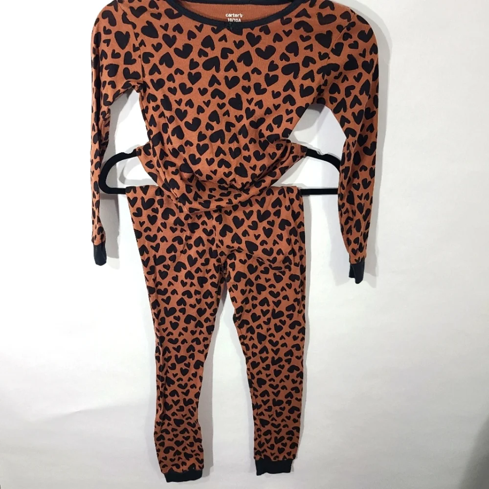 Carter's Kids‎ Girls Size 10/10A Brown and Black 2-Piece PJ Set with Hearts